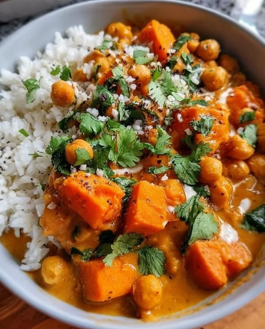 Bowl of flavorful sweet potato and chickpea curry served with rice