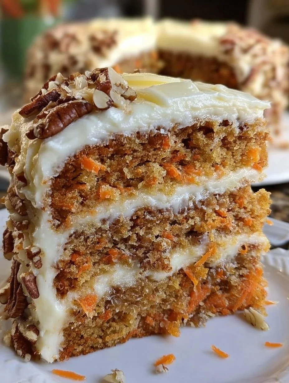 Delicious slice of to die for carrot cake topped with cream cheese frosting