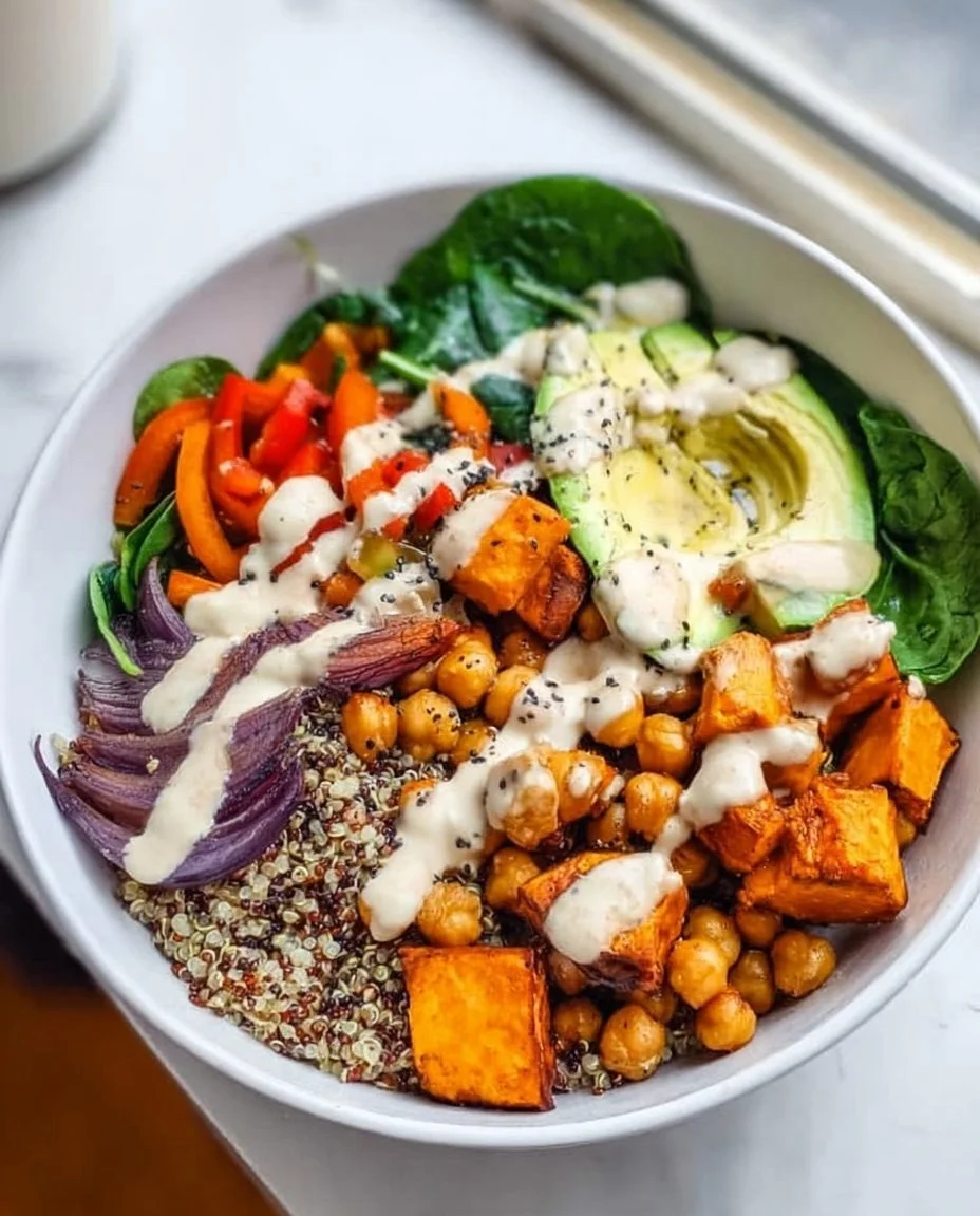 Vegan Sweet Potato Chickpea Buddha Bowl with colorful vegetables and grains