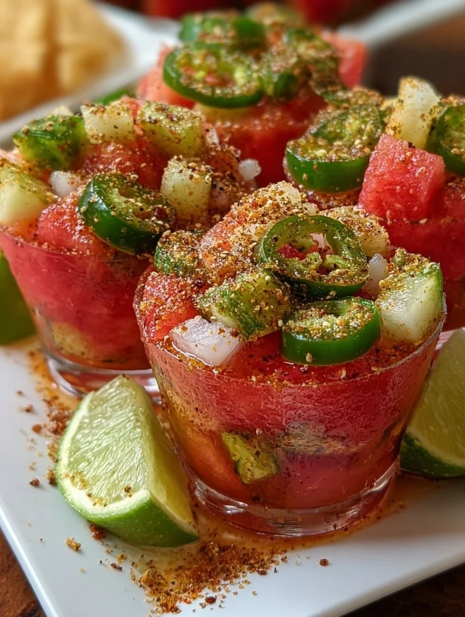 Delicious Watermelon Tajín Pickle Crunch Cups ready to be enjoyed