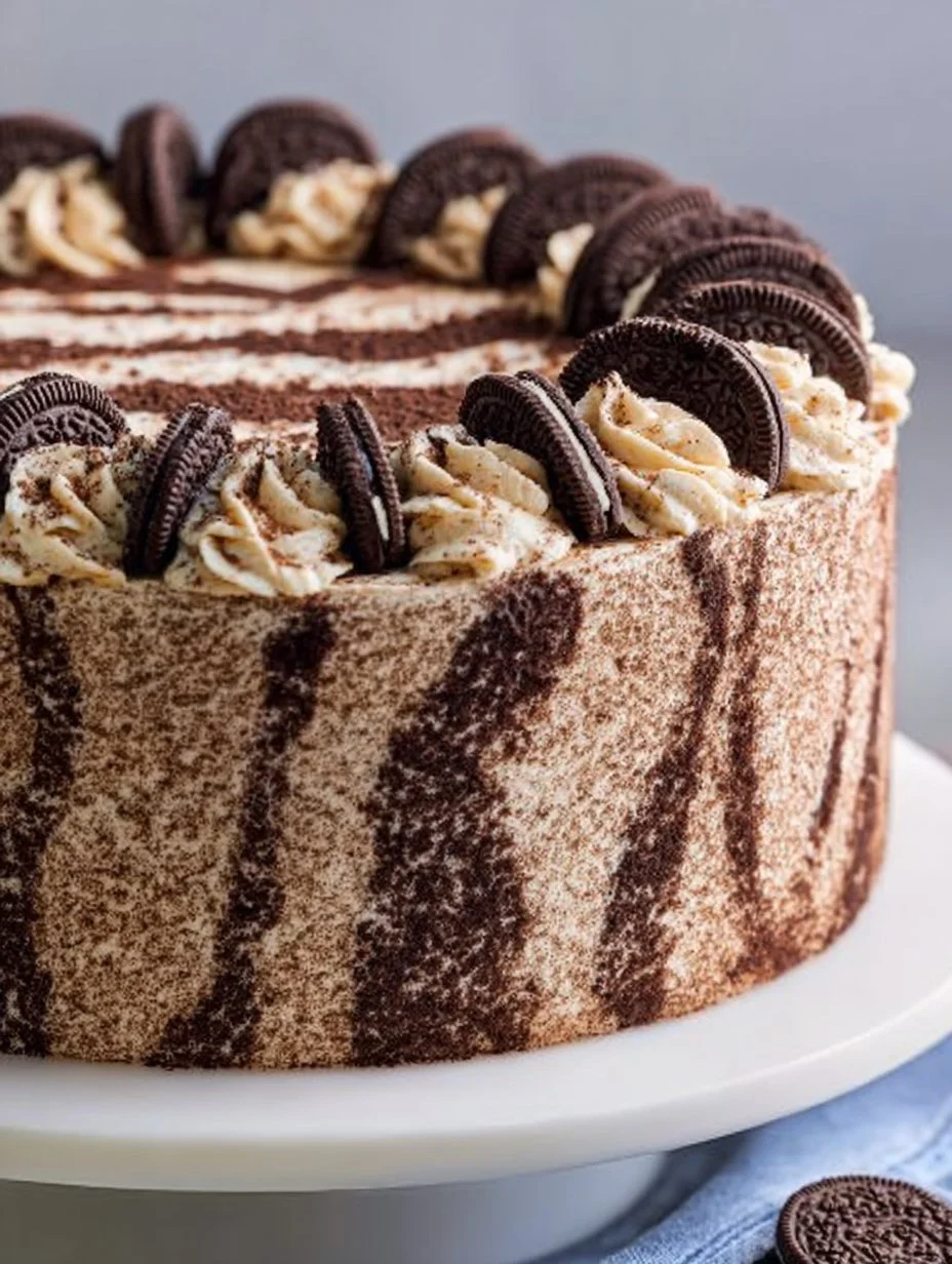 Delicious homemade Zebra Cake with chocolate and vanilla layers on a white plate