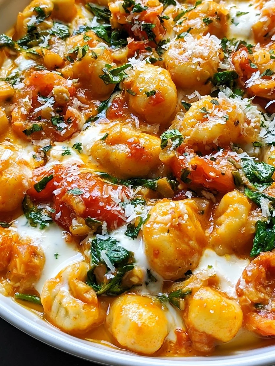 A bowl of creamy tomato gnocchi garnished with fresh basil