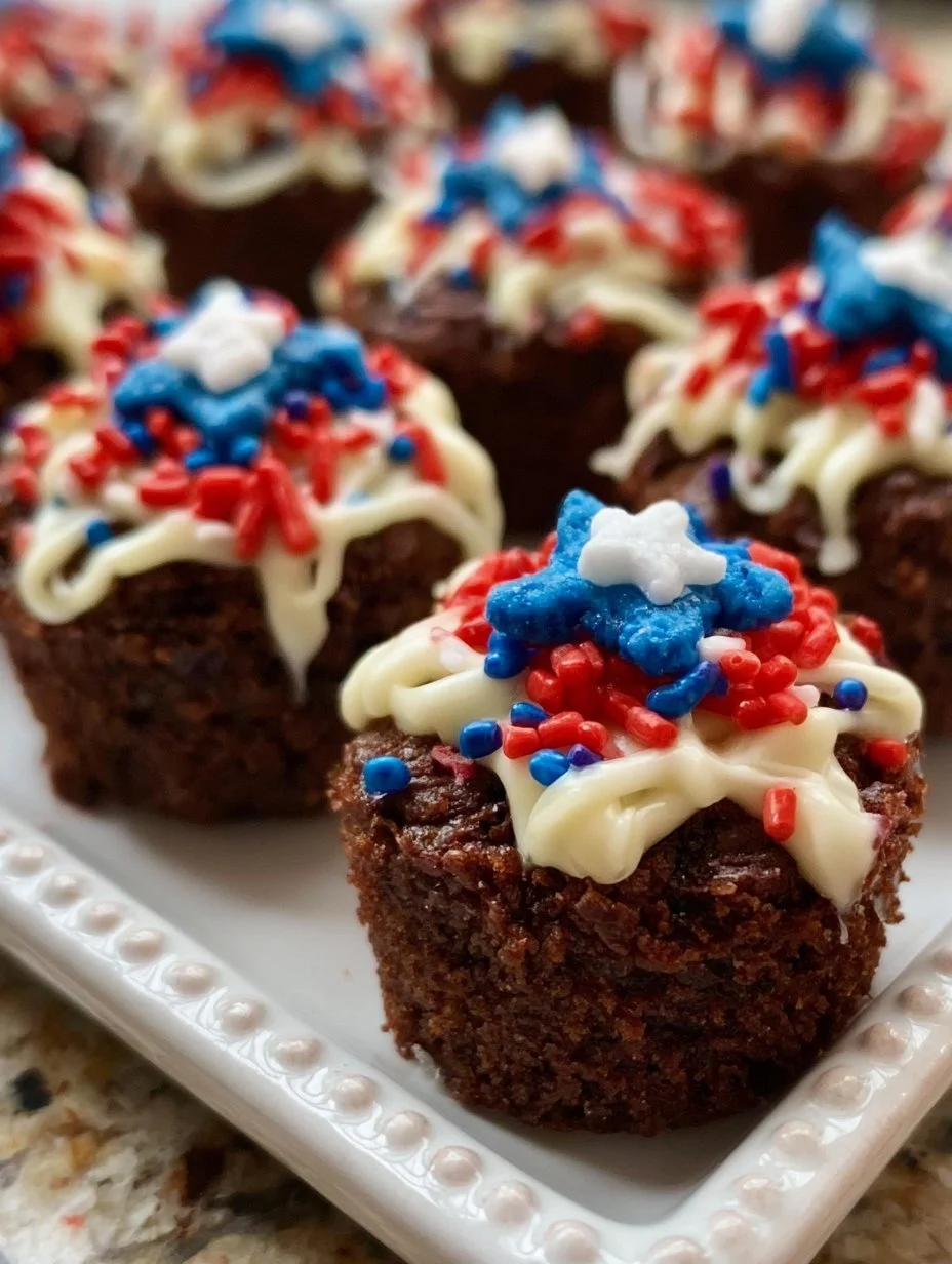 Delicious 4th of July brownie bites with patriotic decorations.