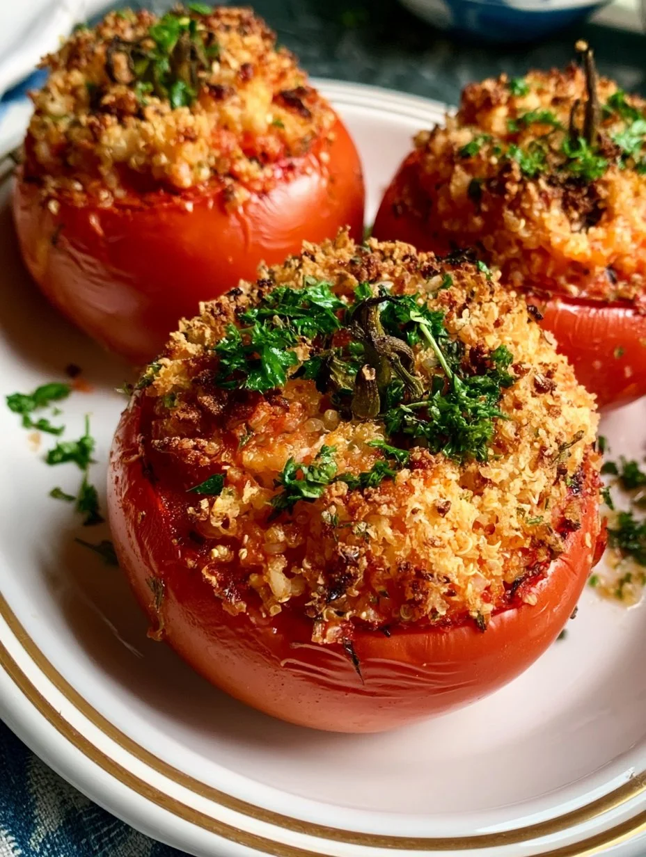 Baked stuffed tomatoes with a savory filling, garnished and ready to serve.