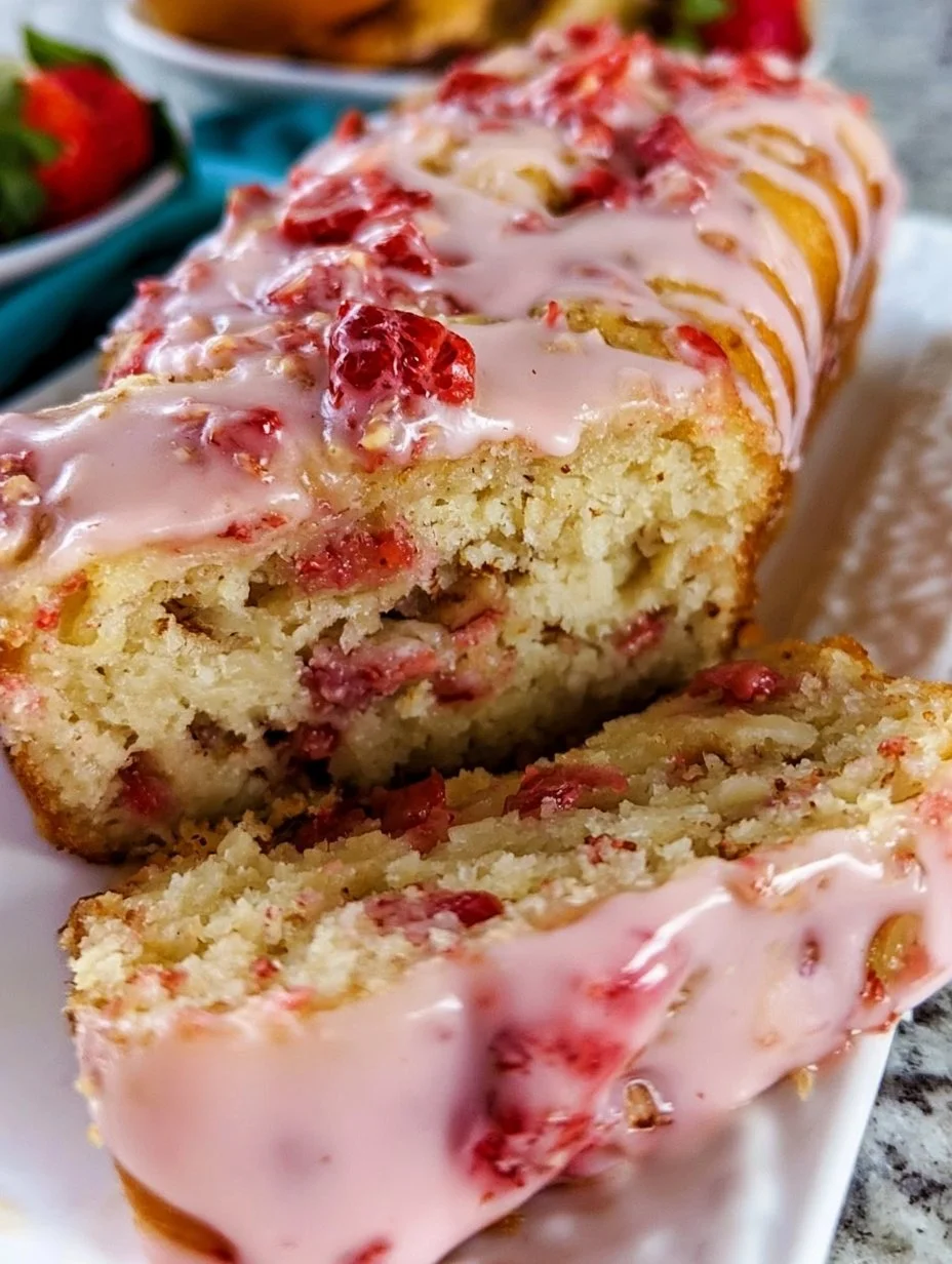 Freshly baked Banana Strawberry Bread loaf with slices on a wooden board