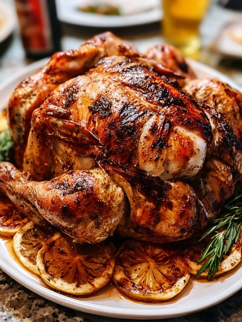 Deliciously roasted Beer Can Chicken on a grill with herbs and spices.