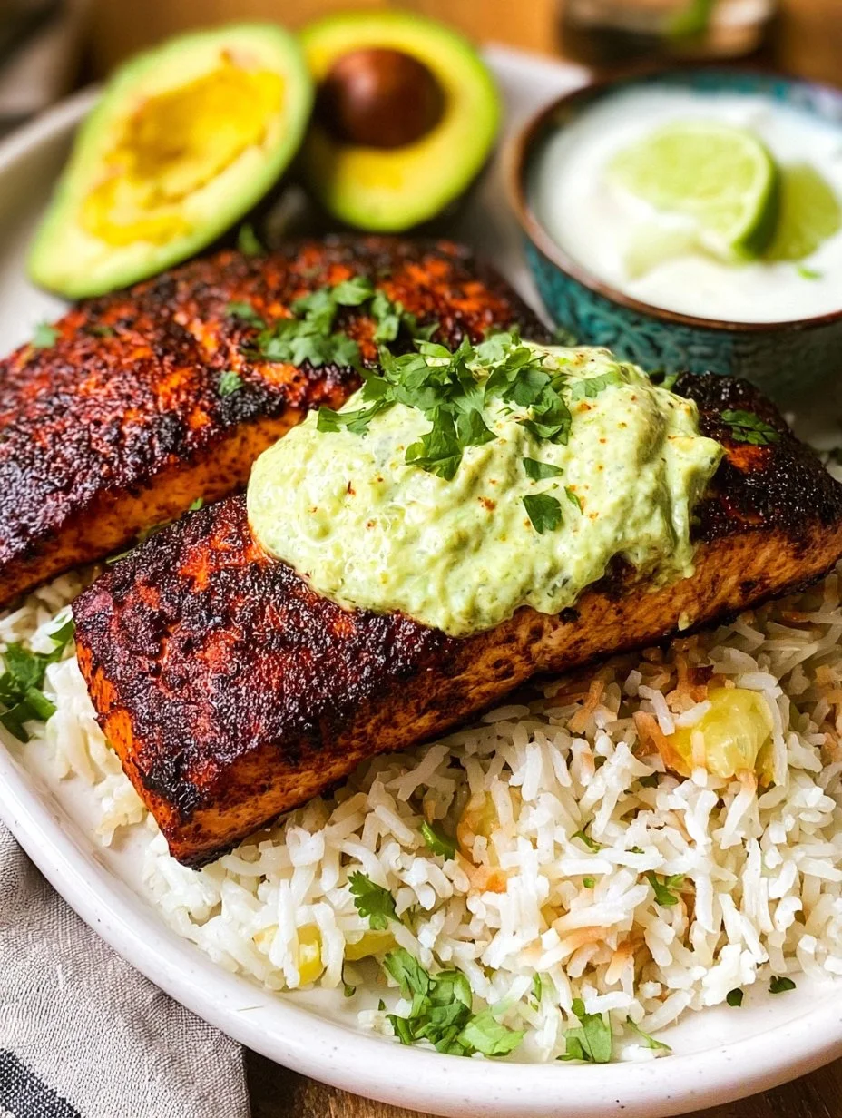 Plate of blackened salmon served with avocado ranch dressing and coconut rice