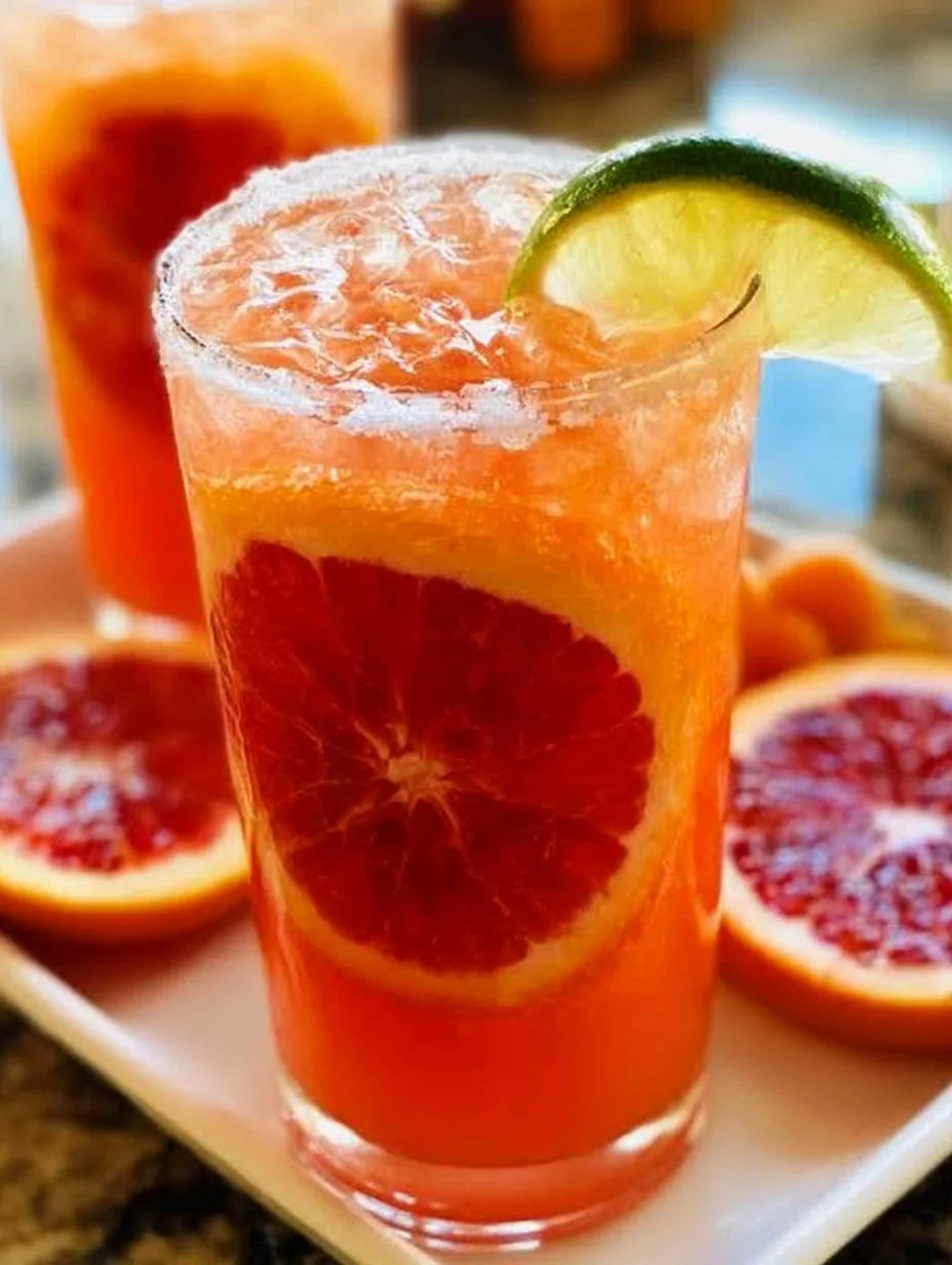 A vibrant Bloody Orange Paloma cocktail garnished with an orange slice.