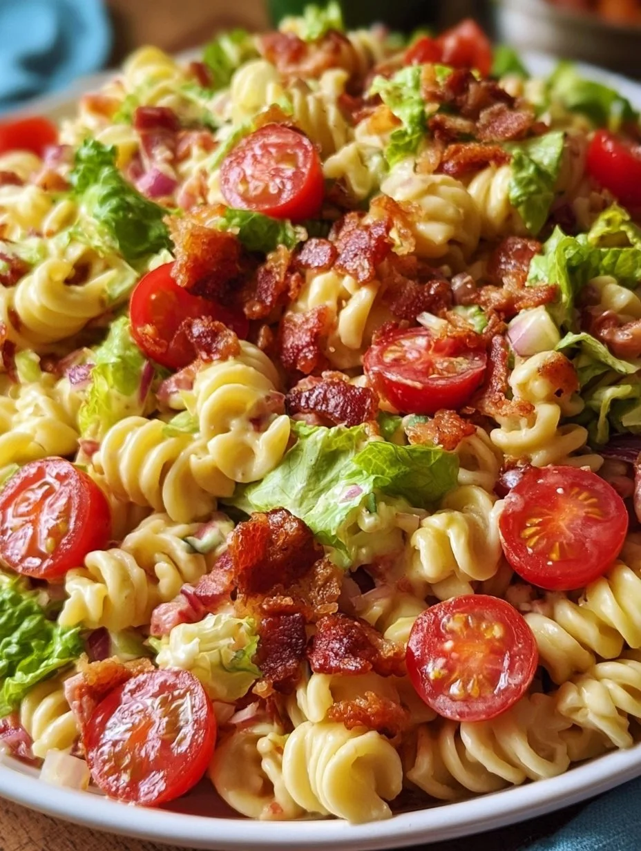 Delicious BLT Pasta Salad with bacon, lettuce, and tomatoes in a creamy dressing.
