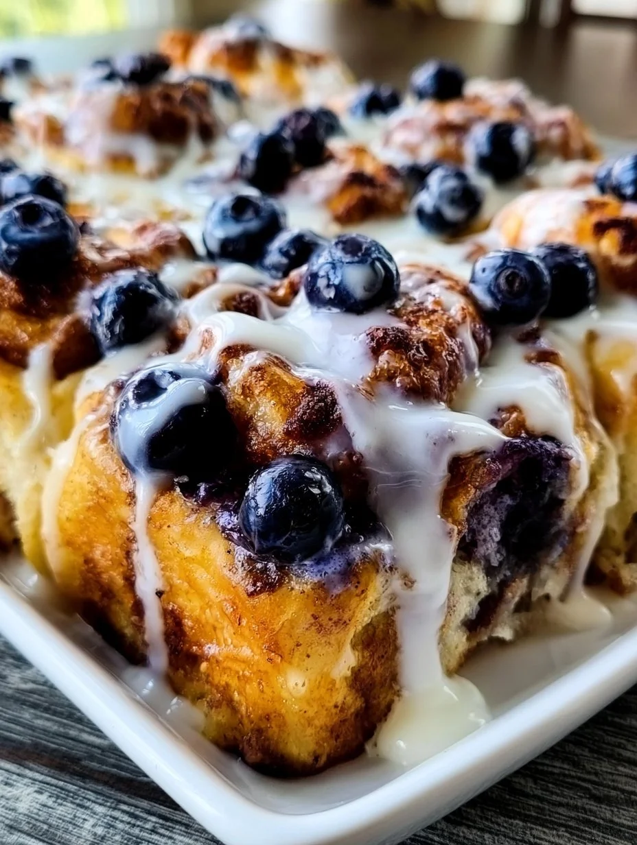 Freshly baked blueberry cinnamon rolls topped with cream cheese frosting