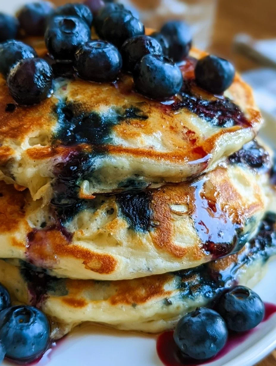 Delicious blueberry pancakes topped with fresh blueberries and syrup