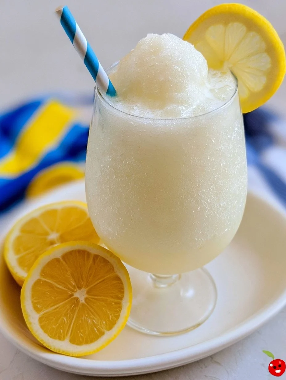A refreshing glass of boozy frozen lemonade garnished with lemon slices.