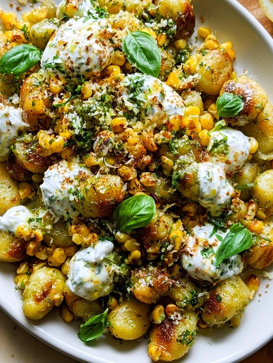 Brown butter corn pesto gnocchi served with lemony whipped ricotta