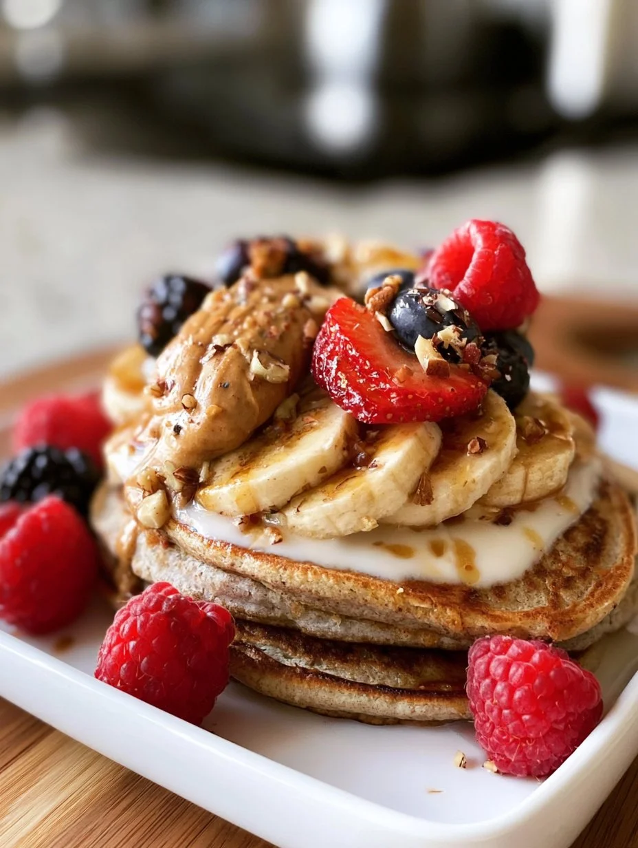 Delicious Buckwheat Banana Pancakes stacked on a plate with syrup and bananas