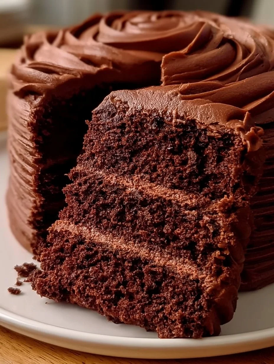 Delicious buttermilk chocolate cake slice topped with rich chocolate frosting