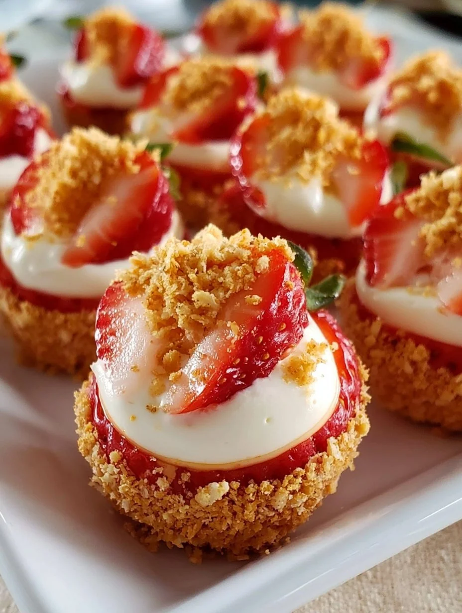 Cheesecake deviled strawberries served on a platter, showcasing a delicious dessert.