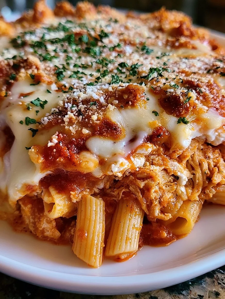 Delicious Chicken Parmesan Casserole served in a baking dish
