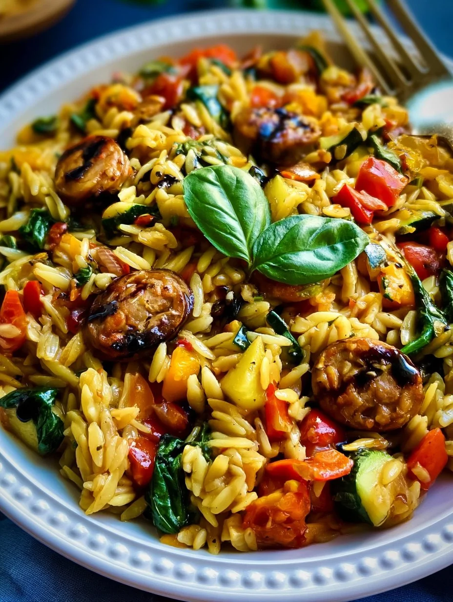Delicious Chicken Sausage Orzo dish garnished with herbs and served in a bowl.