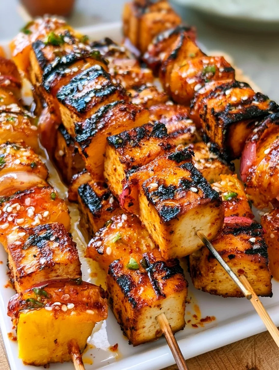 Chili-lime peach and tofu skewers grilled to perfection