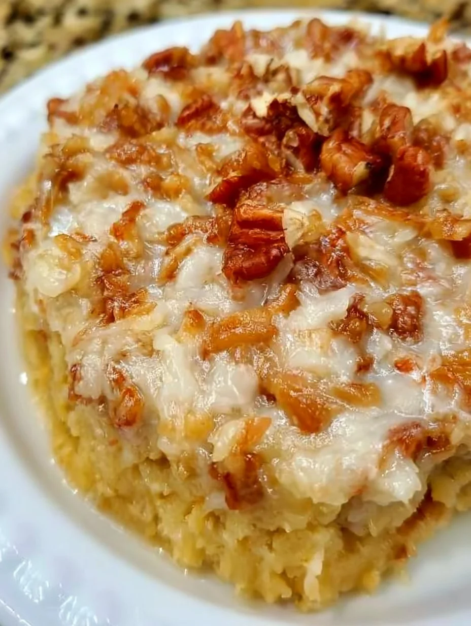 Delicious coconut pecan frosting spread on a cake, showcasing its creamy texture.