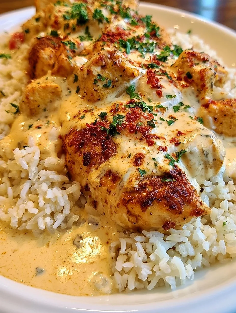 Creamy Cajun chicken served with rice in a flavorful sauce