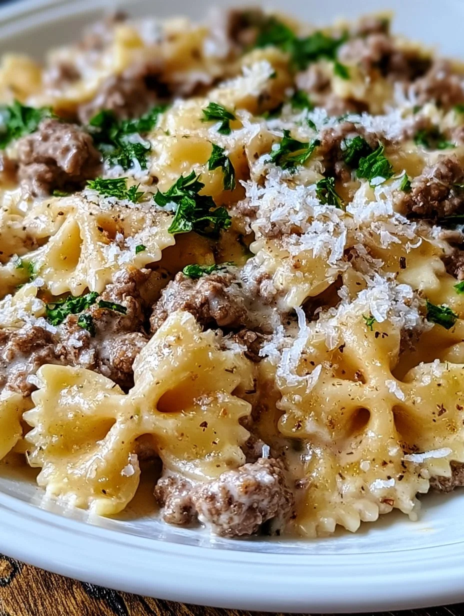 Creamy Parmesan Garlic Beef Bowtie Pasta