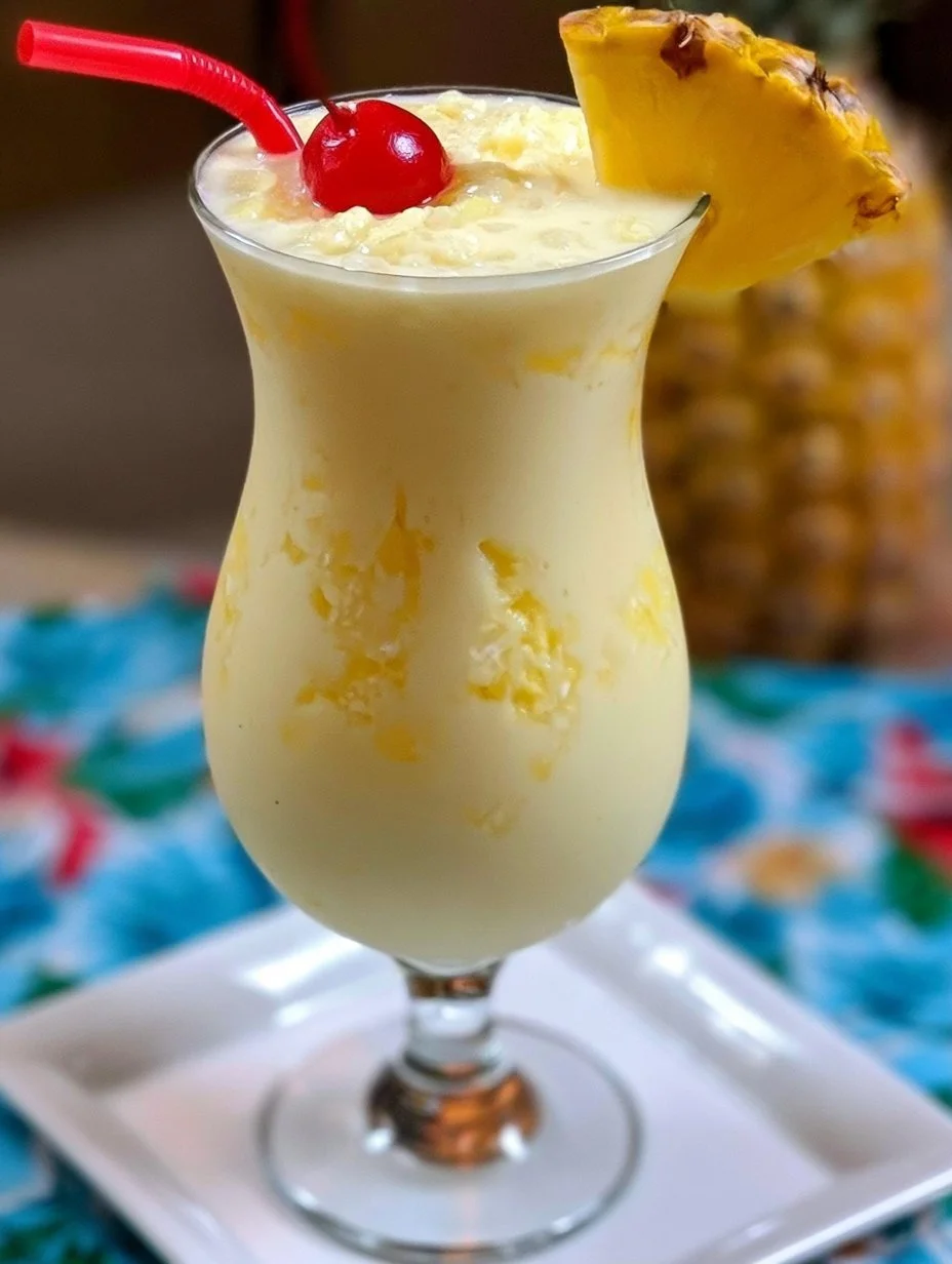 Refreshing creamy Pina Colada in a tropical setting with garnishes