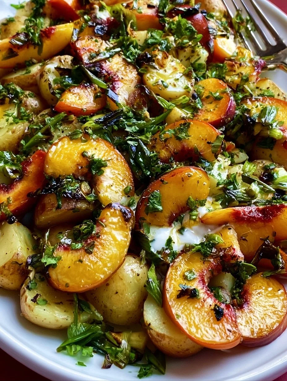 Crispy potato salad with peaches and charred scallion dressing on a plate