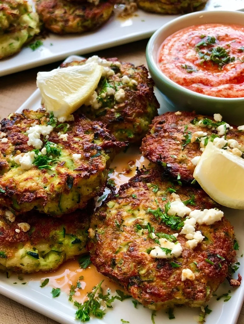 Crispy zucchini-feta cakes served with harissa tzatziki sauce on a plate
