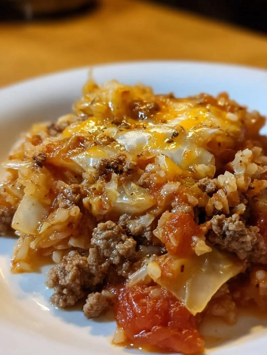 Crockpot Cabbage Roll Casserole in a serving dish with fresh herbs.