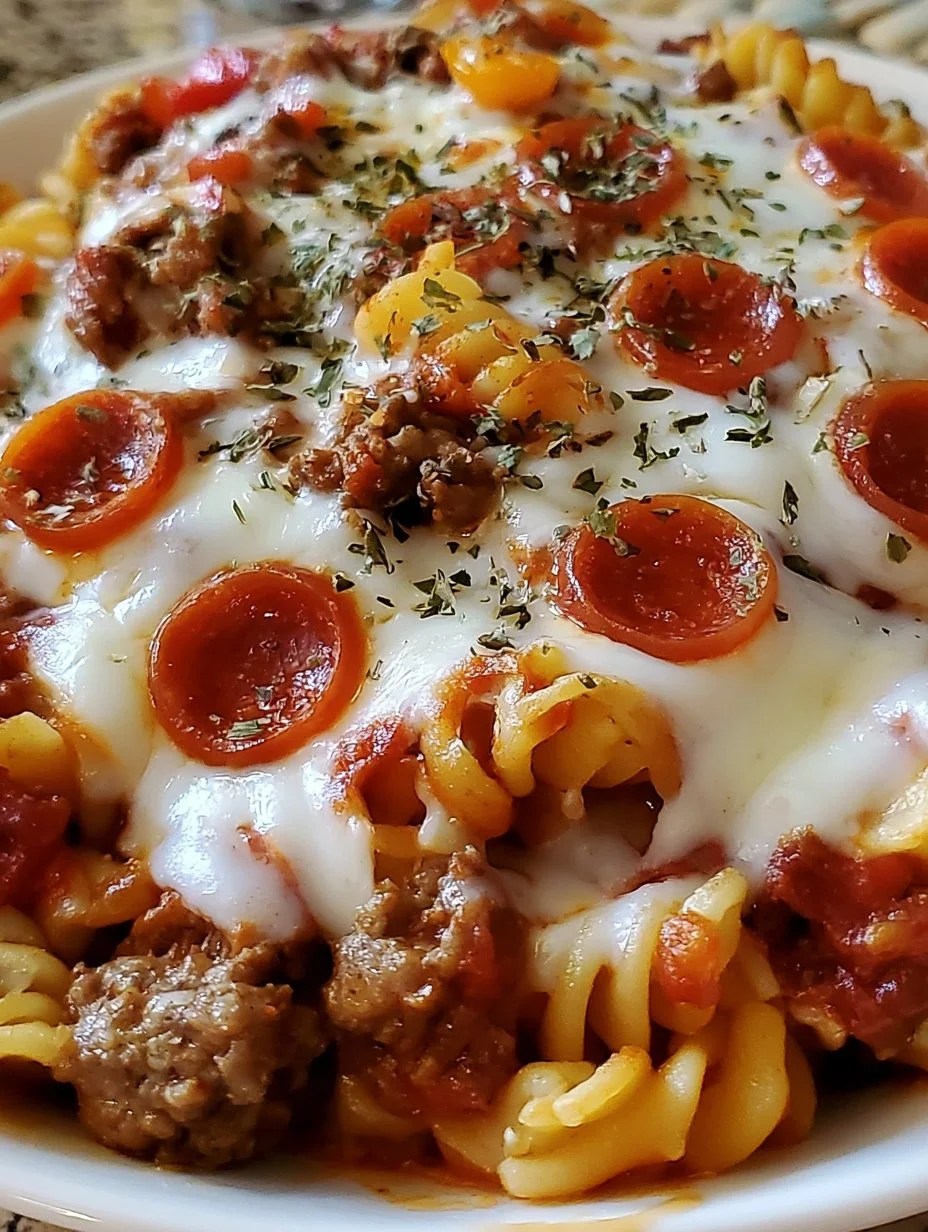 Crockpot pizza casserole dish with melted cheese and fresh toppings