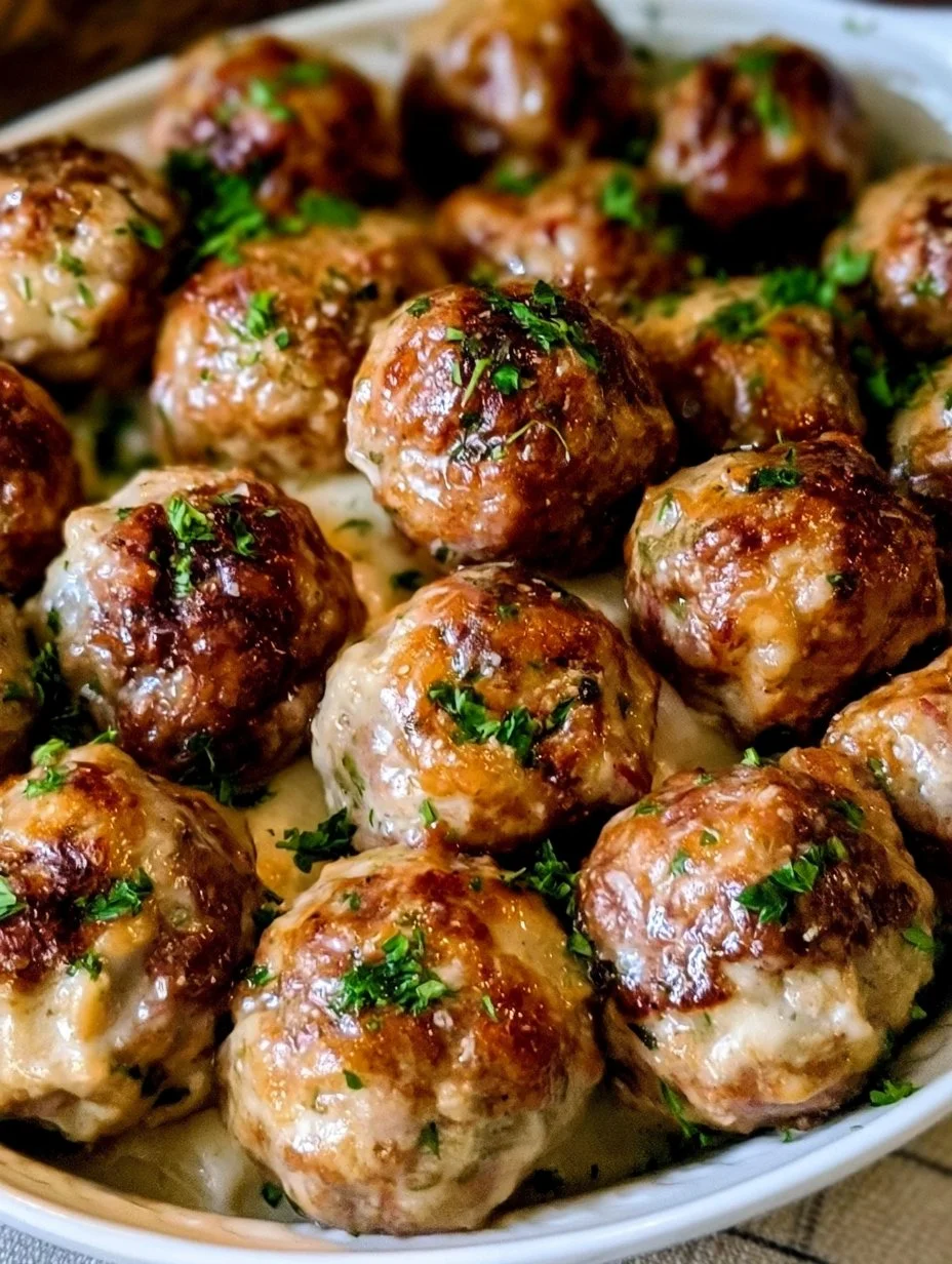 Crockpot Swedish meatballs in a serving dish with sauce and herbs