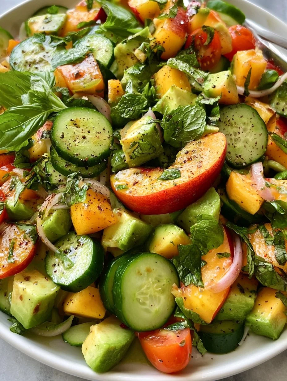 Cucumber Peach Salad with fresh cucumbers and ripe peaches in a bowl