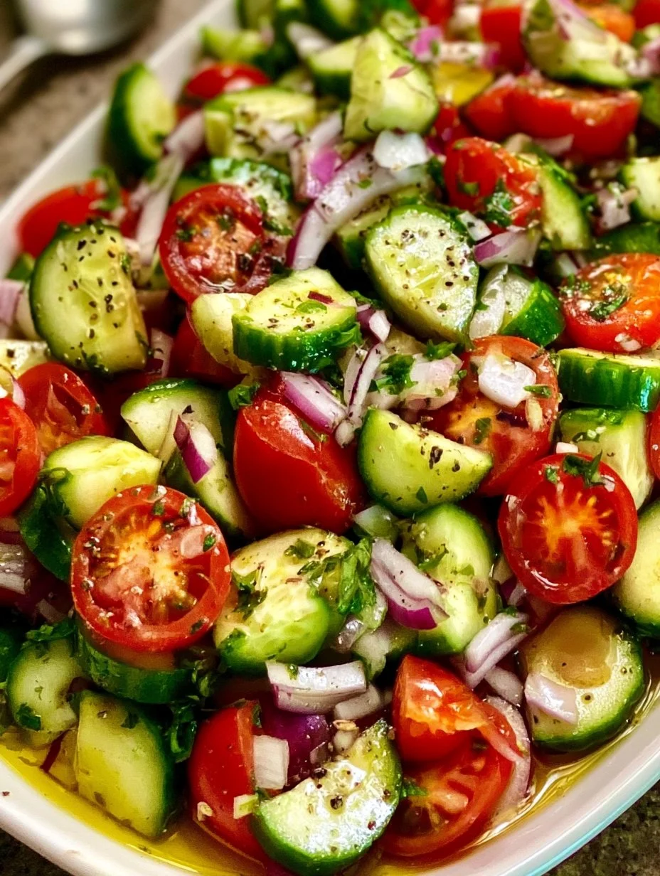 Fresh Cucumber Tomato Salad ingredients arranged in a bowl.