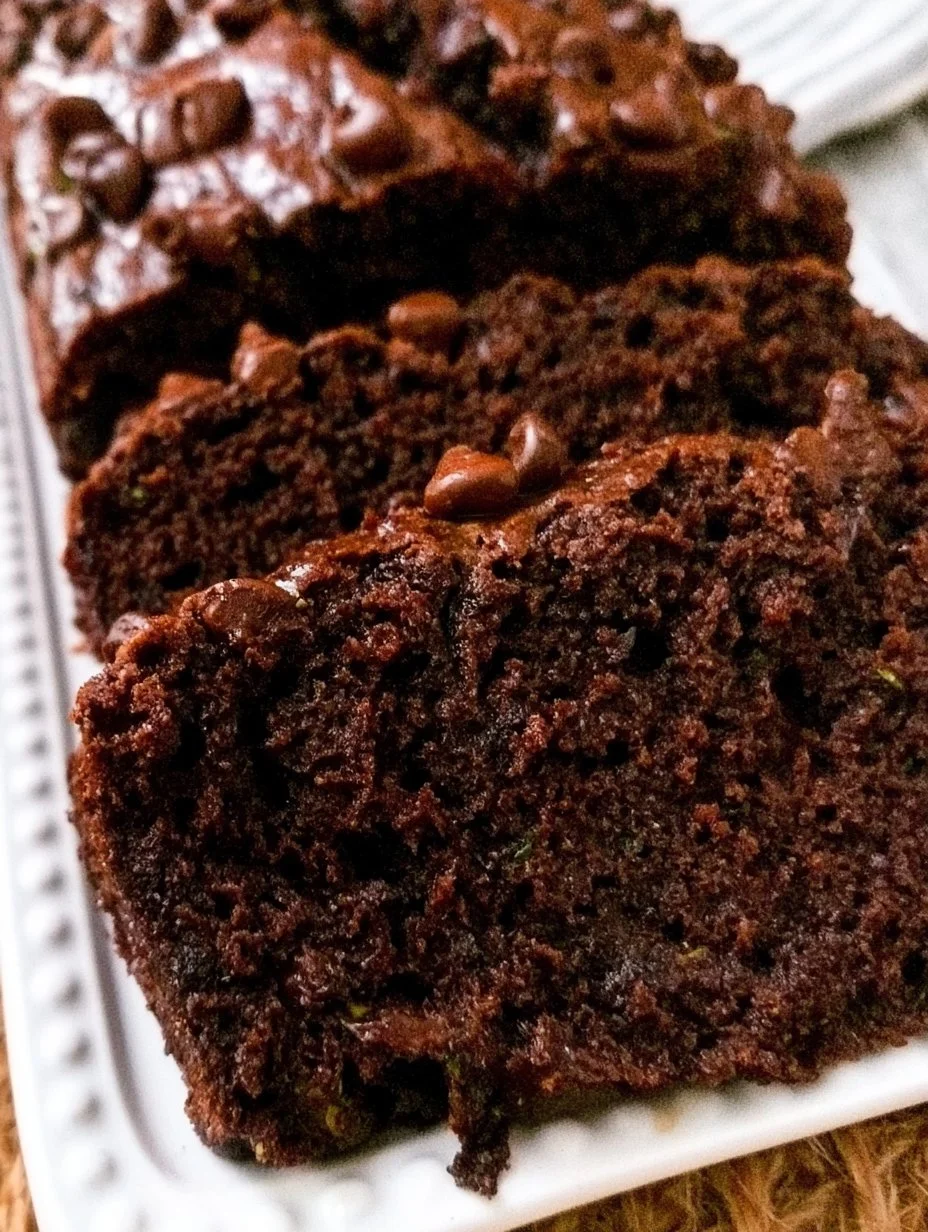 Double chocolate zucchini bread slice on a plate with chocolate drizzle