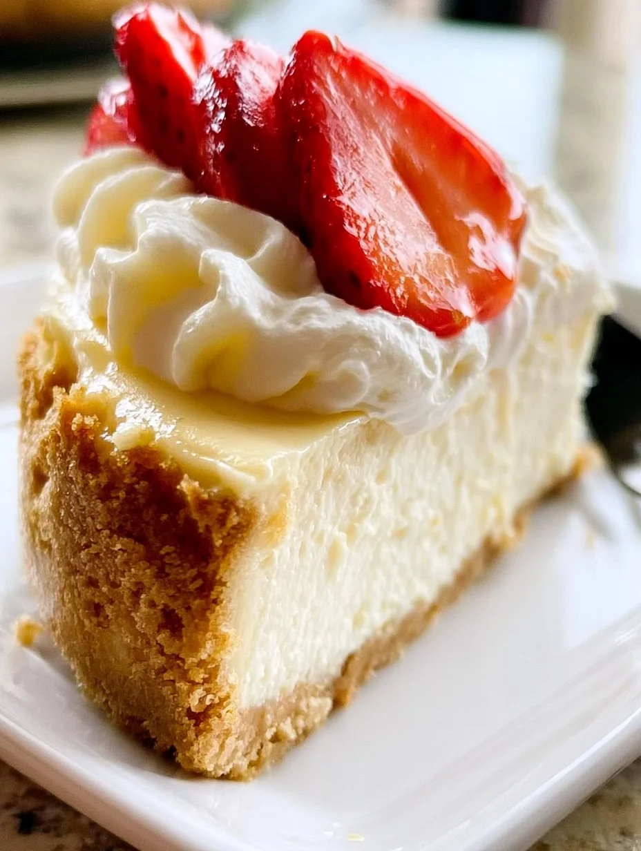 Delicious easy homemade cheesecake slice on a plate with berry topping