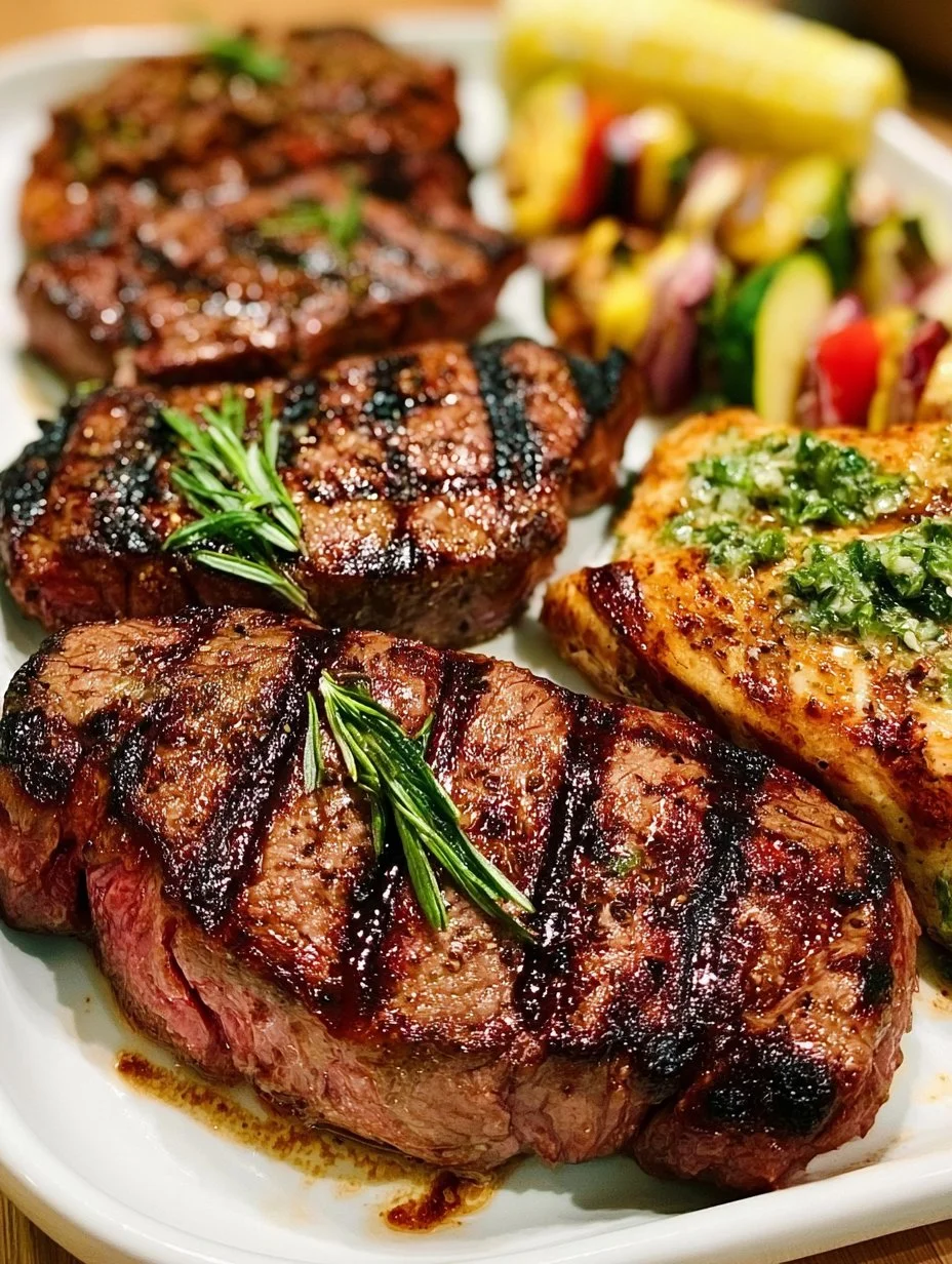 Delicious cooked meats and veggies on the grill for summer grilling.