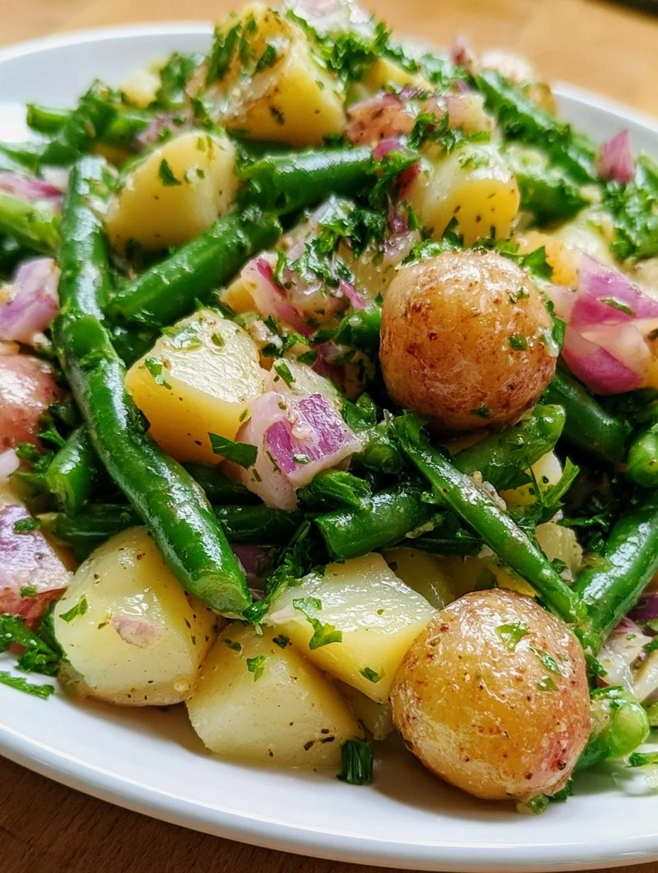 French potato salad with green beans served in a bowl
