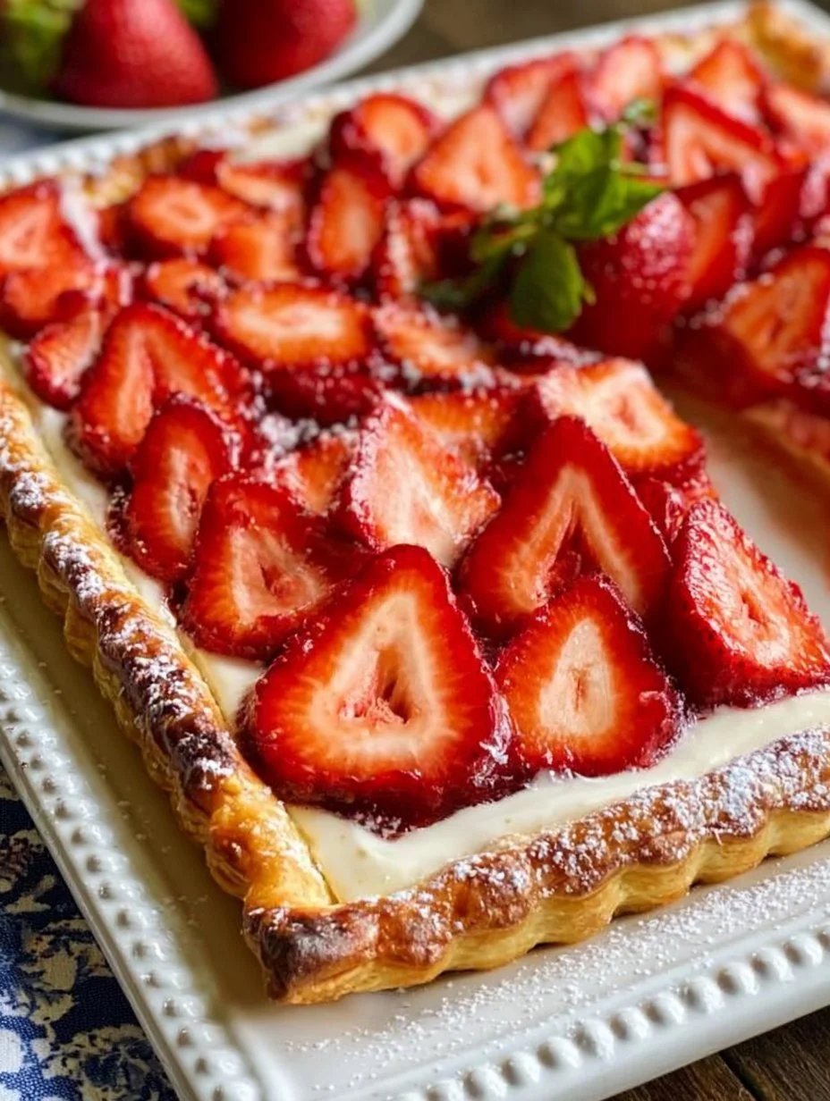 Freshly made strawberry tart garnished with vibrant strawberries and cream