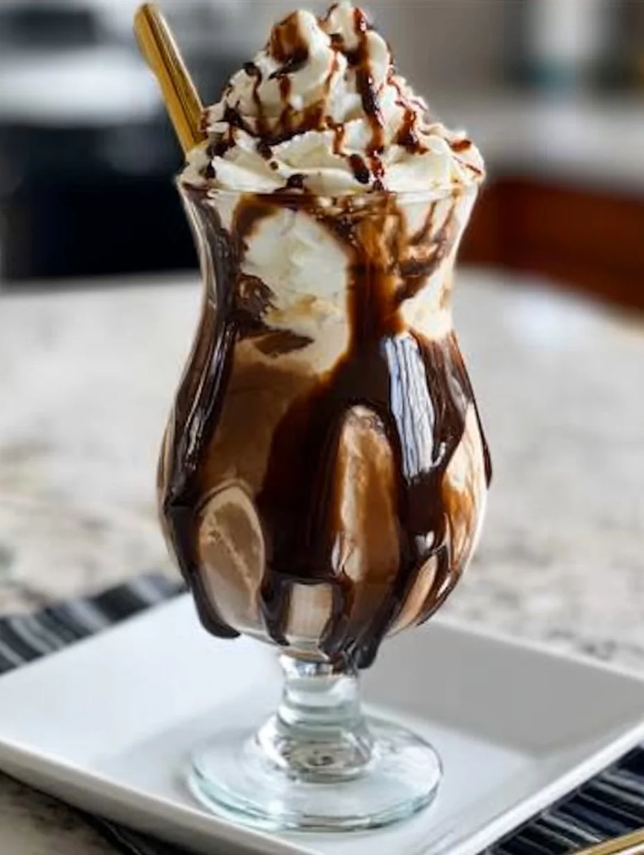 Delicious Frozen Mudslide cocktail topped with whipped cream and chocolate drizzle