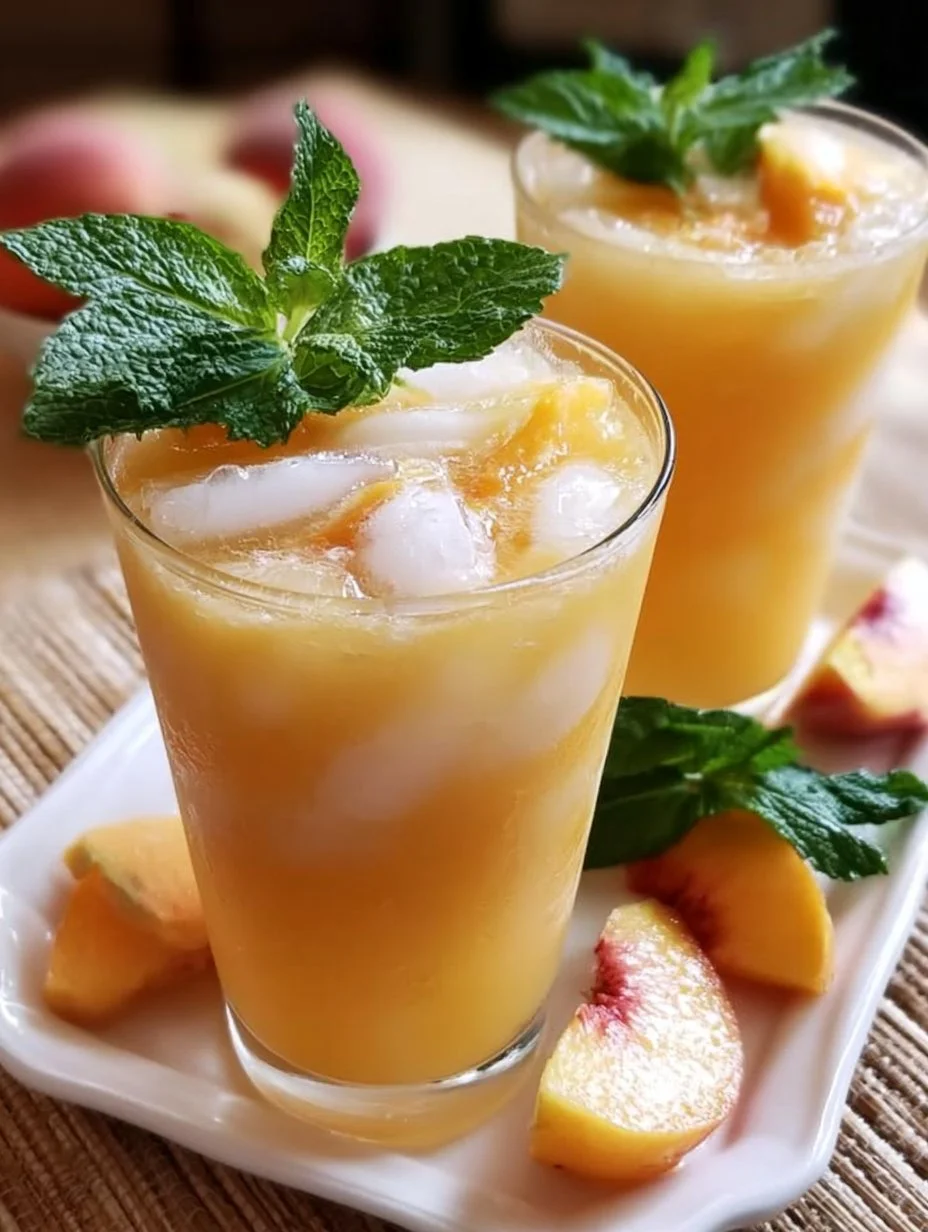Frozen peach lemonade in a glass with fresh peaches and ice