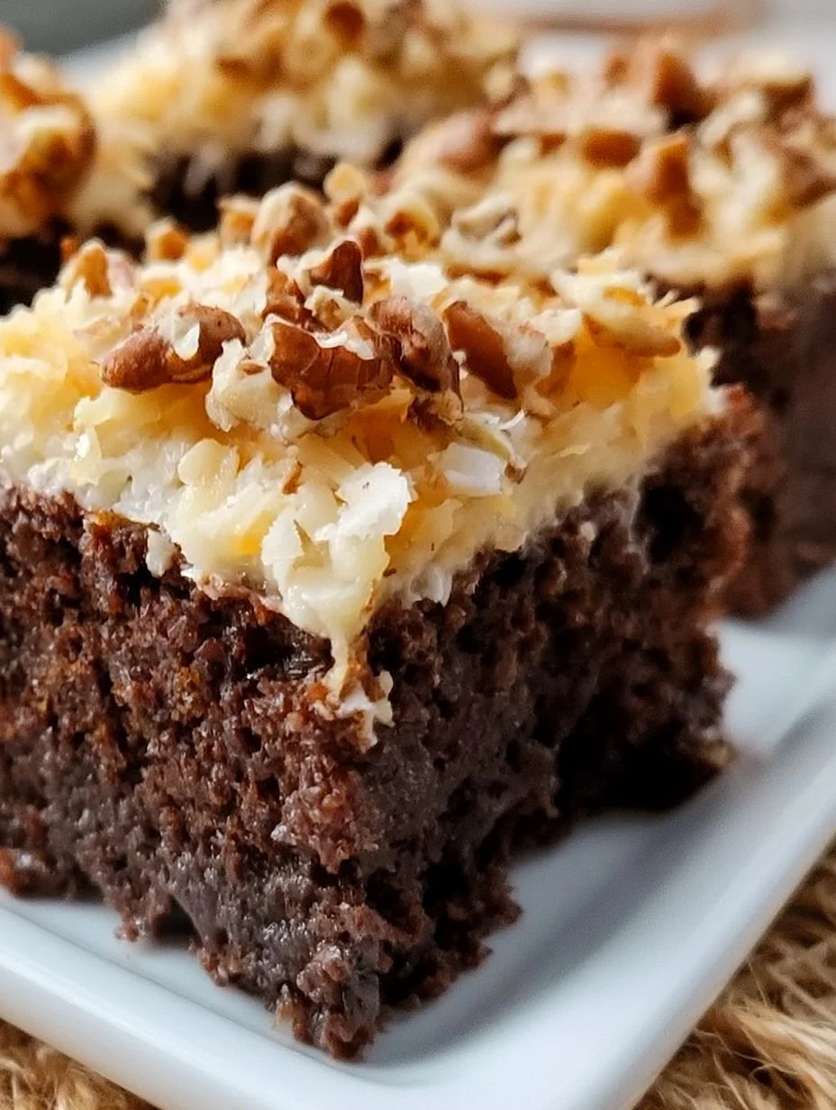 Fudgy brownies with rich coconut pecan frosting on a white plate