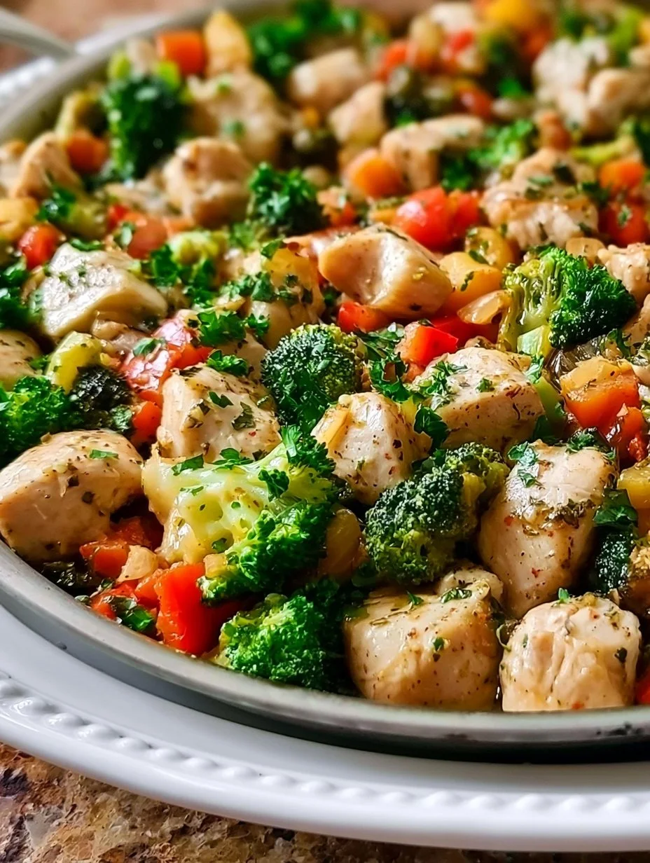 Garlic Butter Chicken and Veggies Skillet cooked in a pan