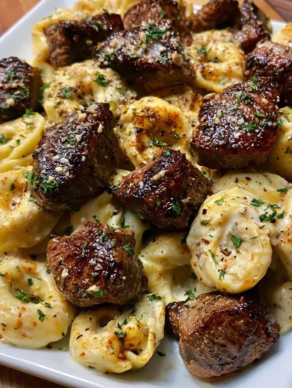 Delicious garlic butter steak bites with creamy alfredo tortellini dish