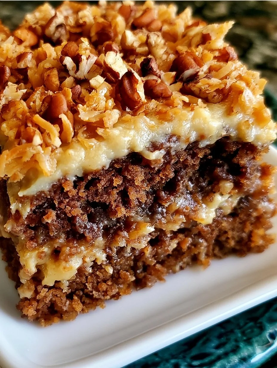 Deliciously frosted German Chocolate Cake with rich coconut and pecan icing