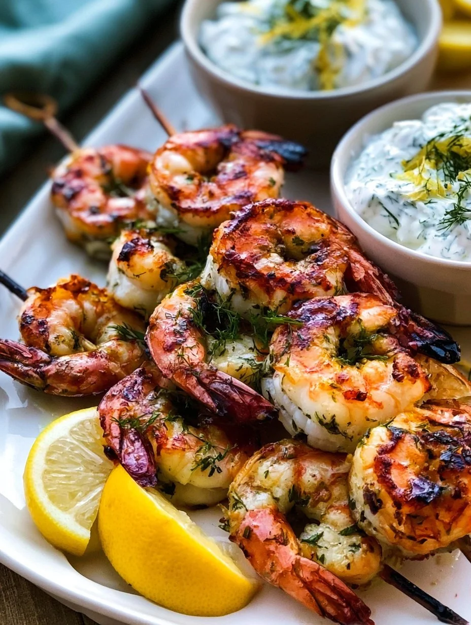 Delicious Greek-marinated shrimp skewers served with creamy lemon-dill sauce