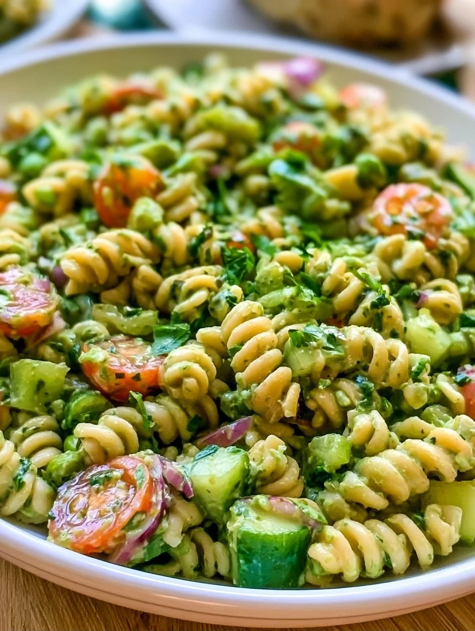 Green Goddess Pasta Salad with fresh greens and vibrant vegetables