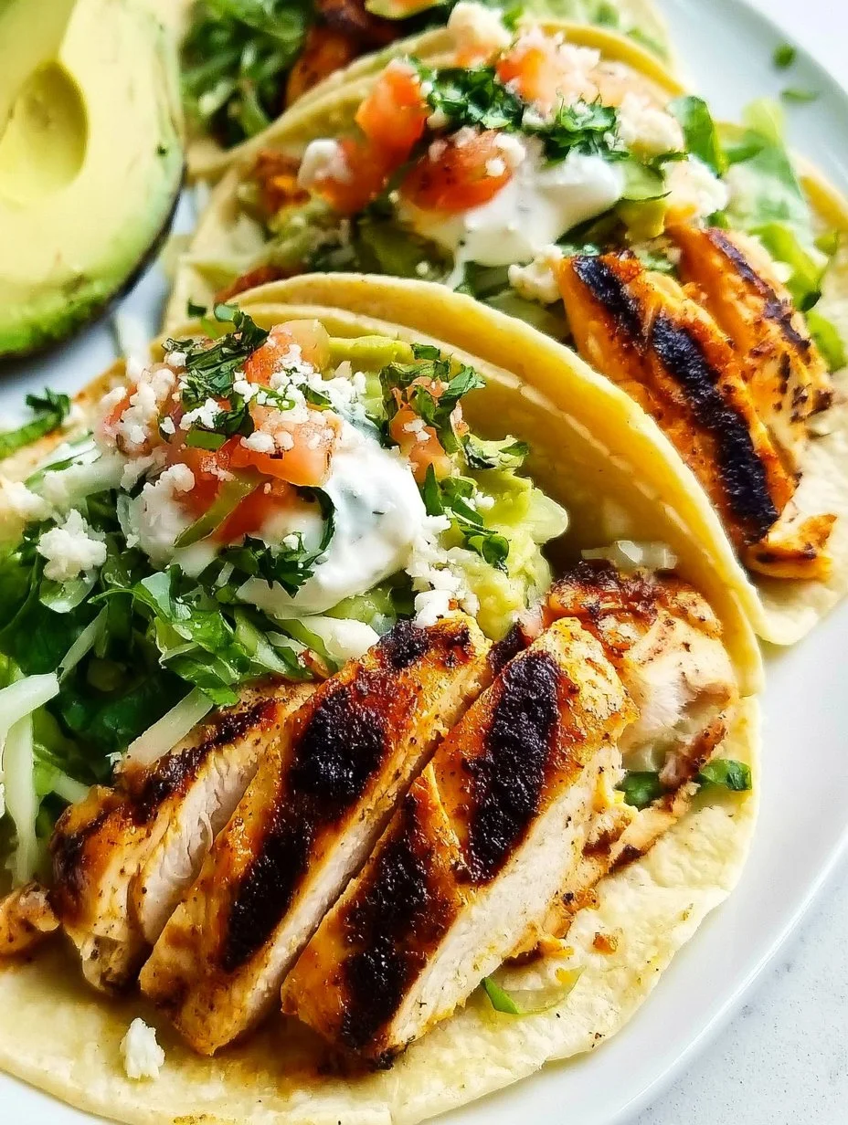 Delicious grilled chicken tacos topped with fresh vegetables and salsa