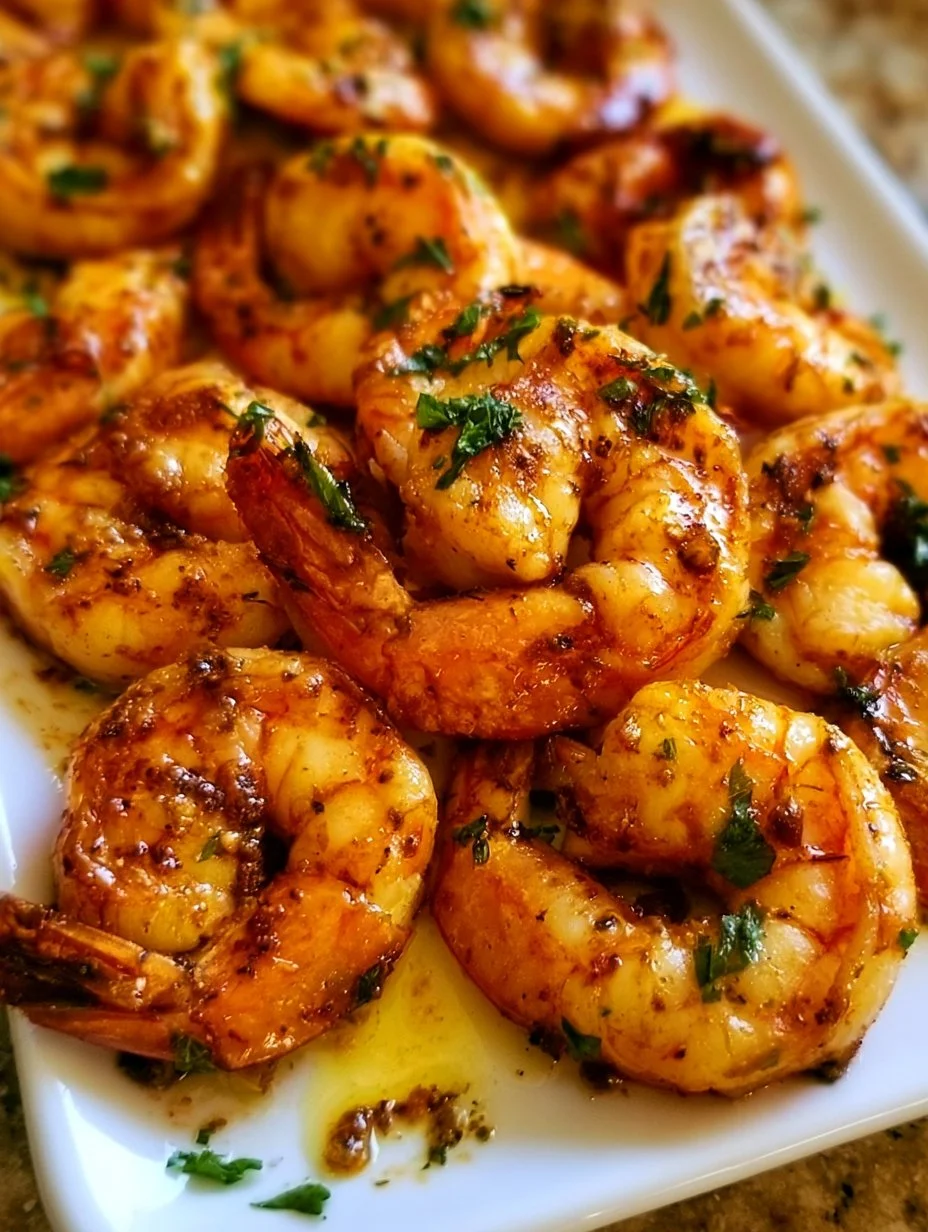 Delicious grilled marinated shrimp served on a plate with fresh herbs