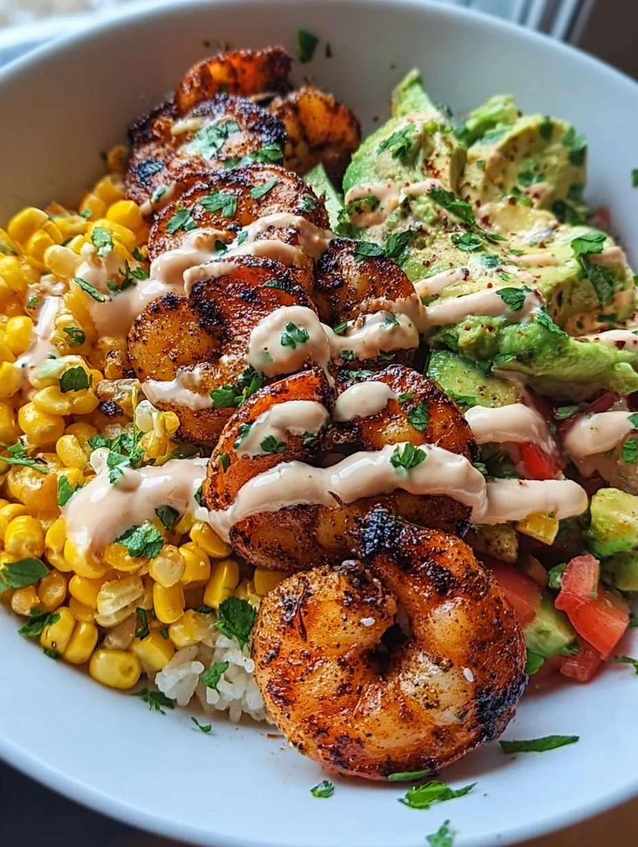 Grilled shrimp bowl topped with avocado, corn salsa, and creamy sauce